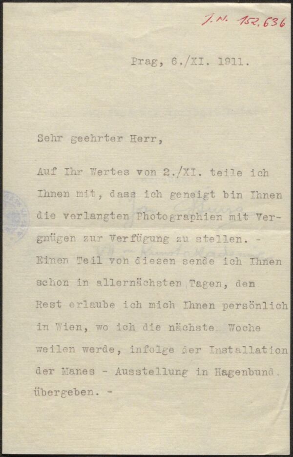 Brief von Jan Štursa an Arthur Roessler 