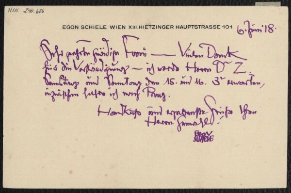 Brief von Egon Schiele an Lilly Steiner 