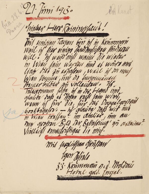 Brief von Egon Schiele an Carl Reininghaus 