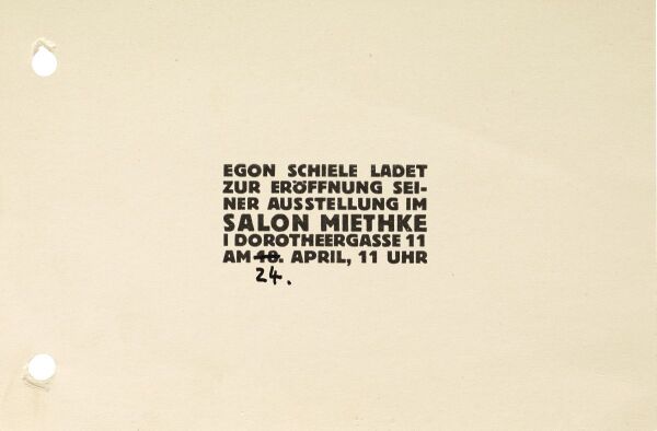 Einladung der Galerie Miethke zur Ausstellung von Egon Schiele mit eigenhändiger Datumskorrektur von Egon Schiele 