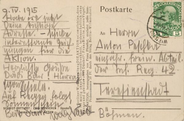 Postkarte von Egon Schiele und Walburga „Wally“ Neuzil an Anton Peschka Bild 2