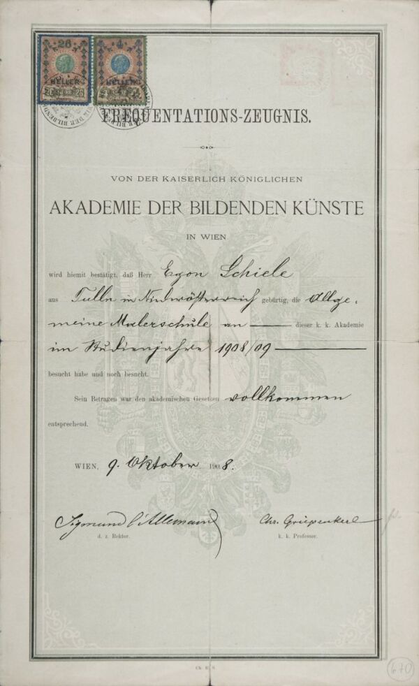 Frequentationszeugnis von Egon Schiele an der Akademie der bildenden Künste Wien für das Studienjahr 1908/09 