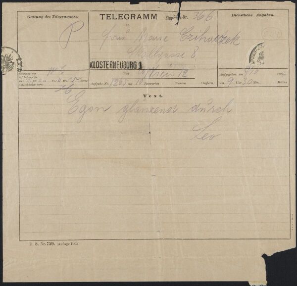 Telegramm von Leopold Czihaczek an Marie Czihaczek 