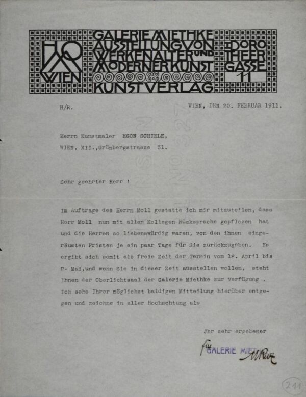 Letter from Galerie Miethke to Egon Schiele 