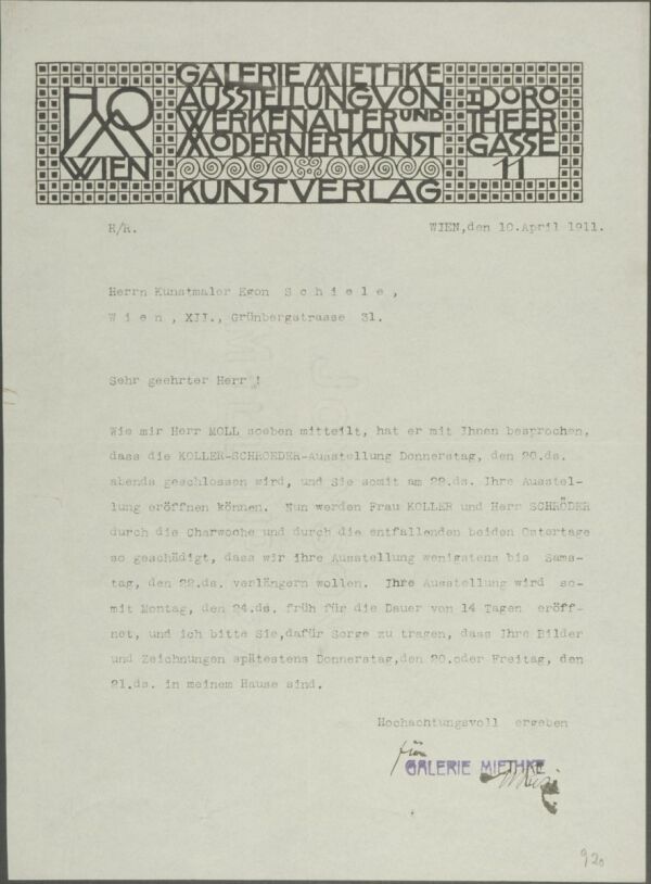 Typewritten letter from Galerie Miethke to Egon Schiele 