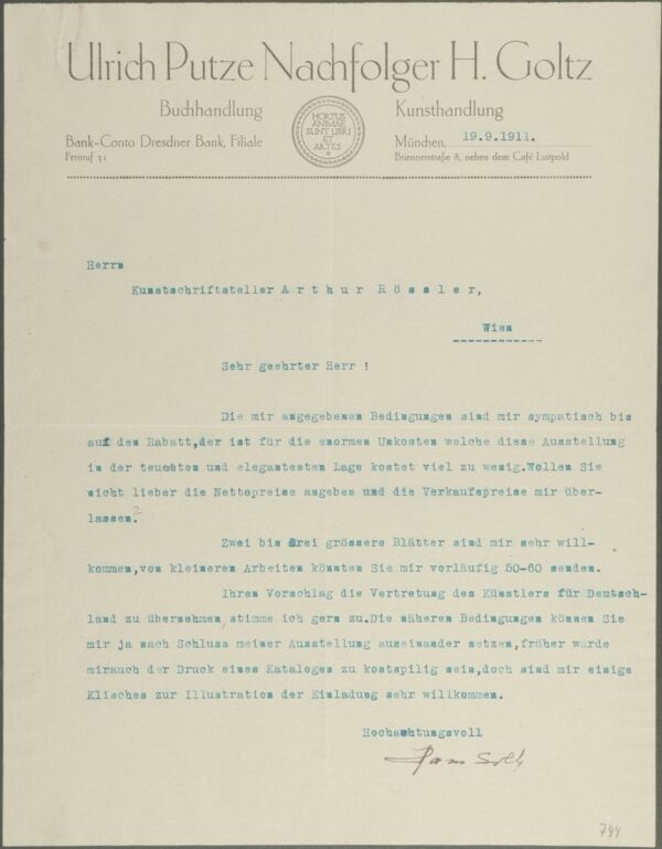 Maschinenschriftlicher Brief von Hans Goltz an Arthur Roessler 