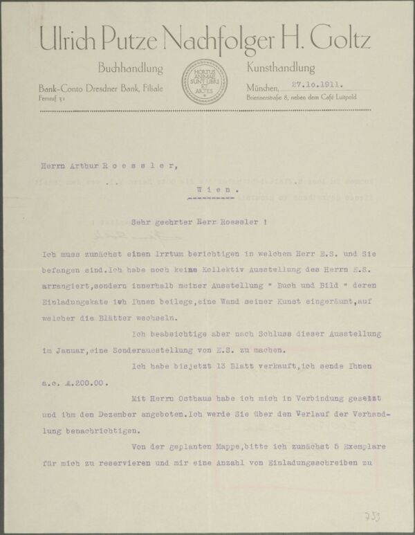 Maschinenschriftlicher Brief von Hans Goltz an Arthur Roessler, mit eigenhändigem Vermerk von Egon Schiele vom 30.10.1911 