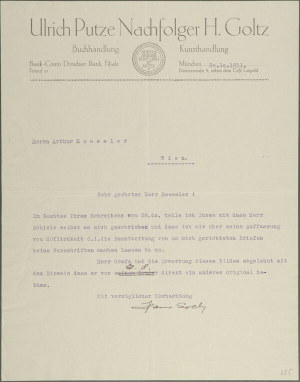 Maschinenschriftlicher Brief von Hans Goltz an Arthur Roessler 