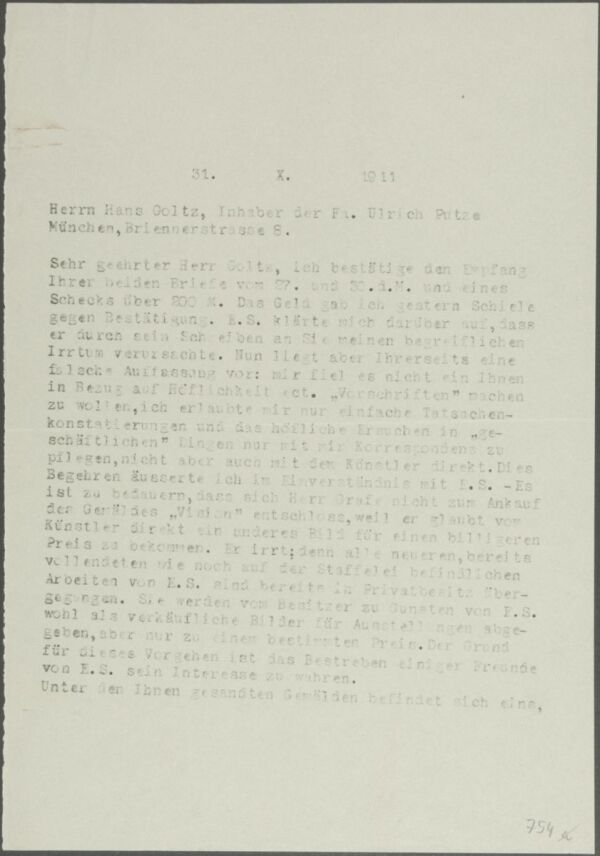 Brief von Arthur Roessler an Hans Goltz 