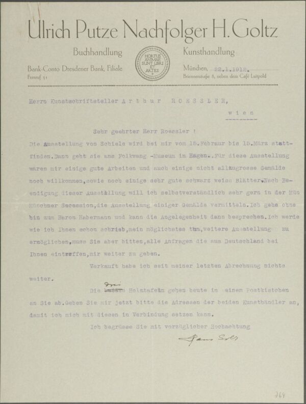 Maschinenschriftlicher Brief von Hans Goltz an Arthur Roessler 