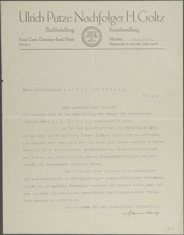 Maschinenschriftlicher Brief von Hans Goltz an Arthur Roessler 