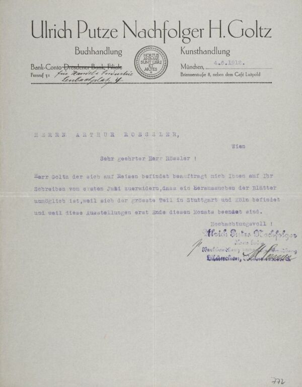 Maschinenschriftlicher Brief in Vertretung von Hans Goltz an Arthur Roessler 