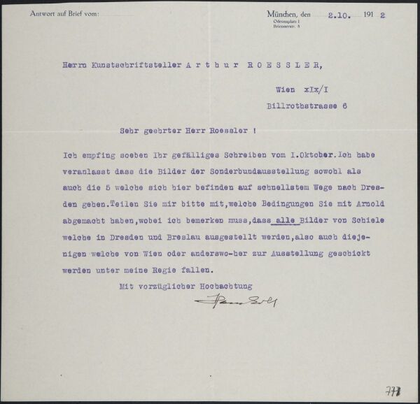 Maschinenschriftlicher Brief von Hans Goltz an Arthur Roessler 