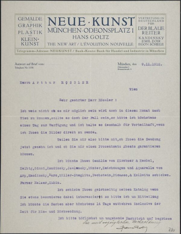 Maschinenschriftlicher Brief von Hans Goltz an Arthur Roessler 