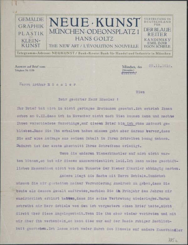 Maschinenschriftlicher Brief von Hans Goltz an Arthur Roessler 