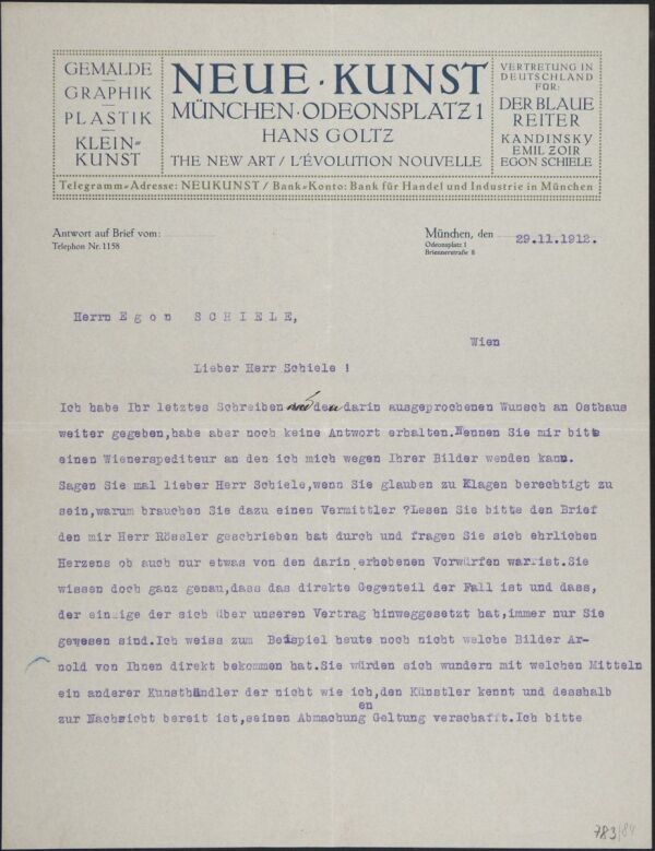 Maschinenschriftlicher Brief von Hans Goltz an Egon Schiele 