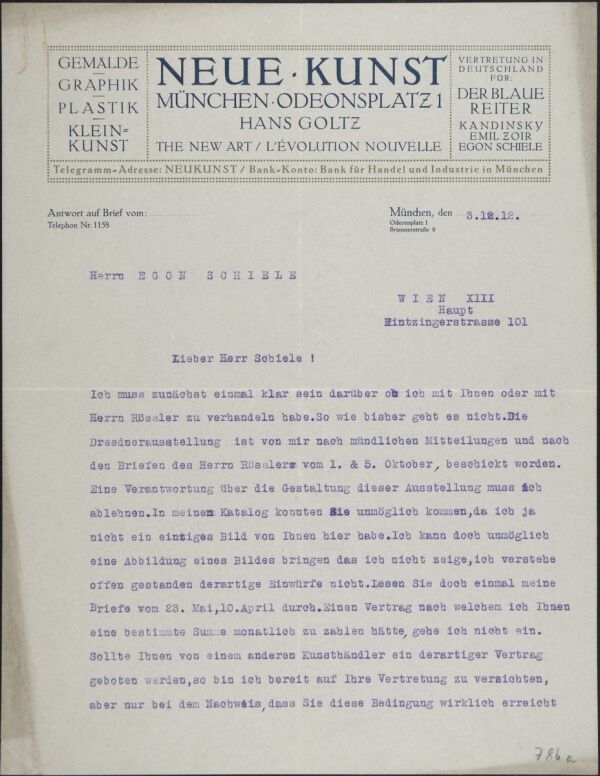 Maschinenschriftlicher Brief von Hans Goltz an Egon Schiele 