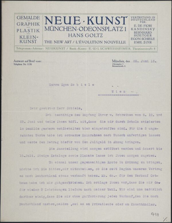 Maschinenschriftlicher Brief von Hans Goltz an Egon Schiele 