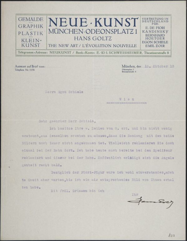 Maschinenschriftlicher Brief von Hans Goltz an Egon Schiele 