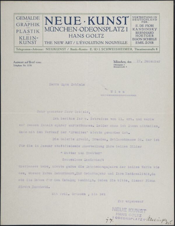 Maschinenschriftlicher Brief von Hans Goltz an Egon Schiele 