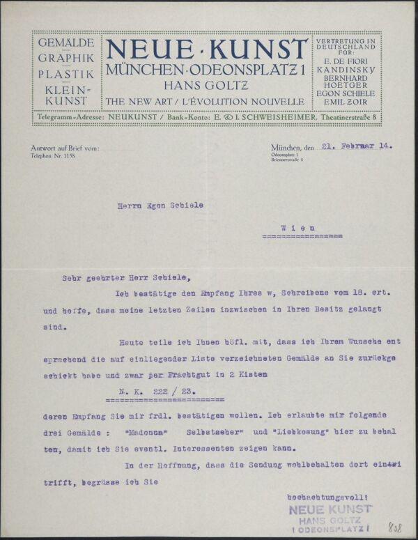 Maschinenschriftlicher Brief von Hans Goltz an Egon Schiele 