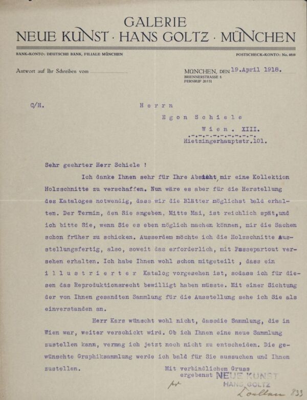 Maschinenschriftlicher Brief von Hans Goltz an Egon Schiele 