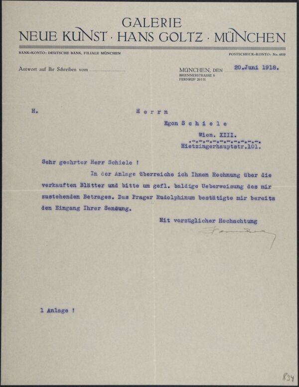 Maschinenschriftlicher Brief mit Rechnung von Hans Goltz an Egon Schiele 