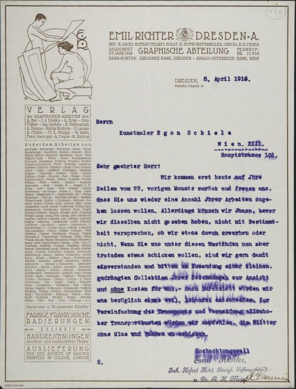 Maschinenschriftlicher Brief der Kunsthandlung Emil Richter an Egon Schiele 