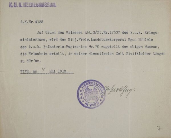 Maschinenschriftlicher Brief/vorgedruckter Erlaubnisschein des k. u. k. Heeresmuseum für Egon Schiele 