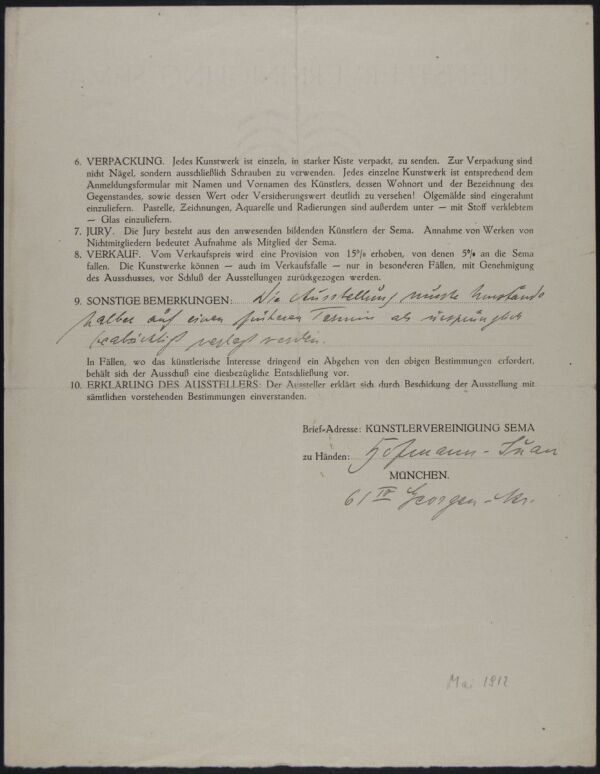 Brief/Formular der Künstlervereinigung Sema an Egon Schiele inkl. Vertrag für die 1. Ausstellung in der Galerie Thannhauser Bild 2