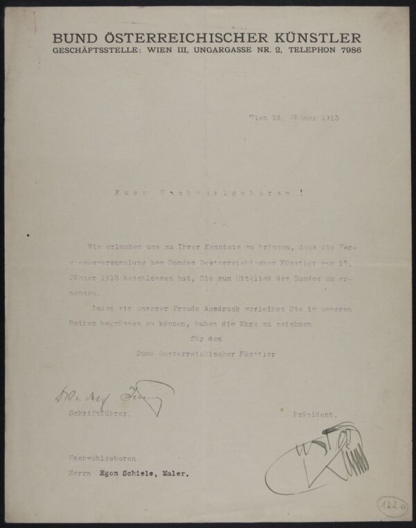 Maschinenschriftlicher Brief von Gustav Klimt und Rudolf Junk/Bund österreichischer Künstler an Egon Schiele inklusive Mitgliedskarte für 1913 