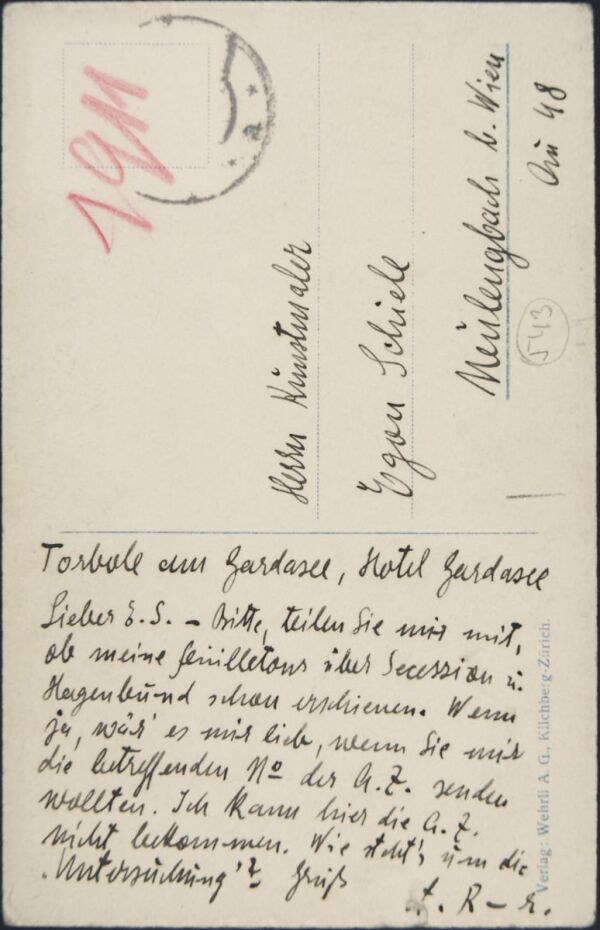 Postkarte von Arthur Roessler an Egon Schiele Bild 2