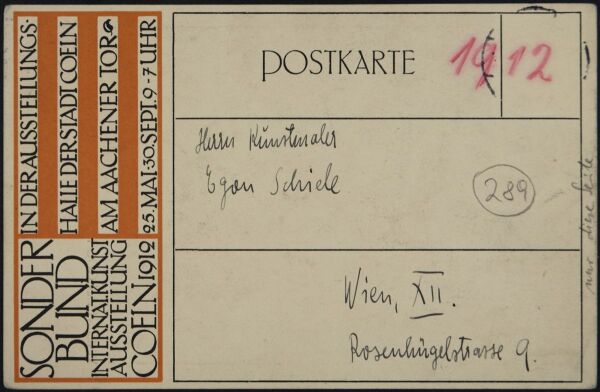 Postkarte von Arthur Roessler an Egon Schiele Bild 2