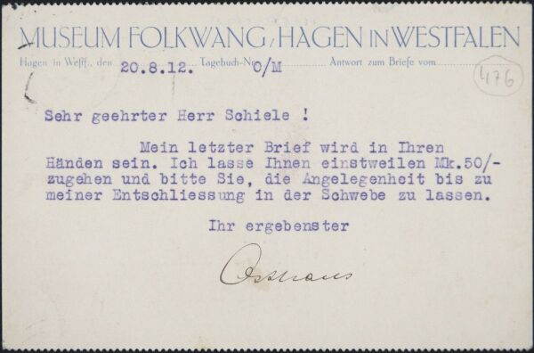 Maschinenschriftliche Postkarte von Karl Ernst Osthaus/Folkwang Museum an Egon Schiele 