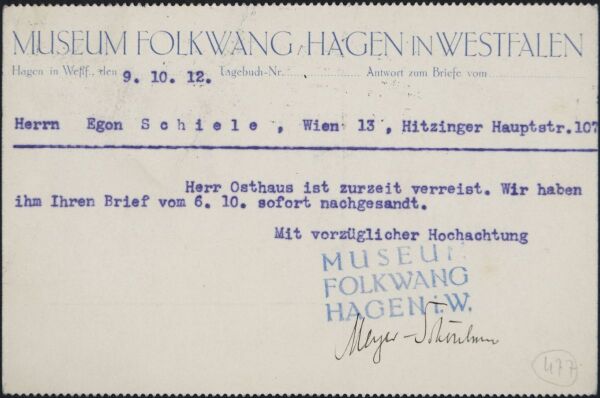 Typewritten postcard from Fritz Meyer-Schönbrunn/Folkwang Museum to Egon Schiele 