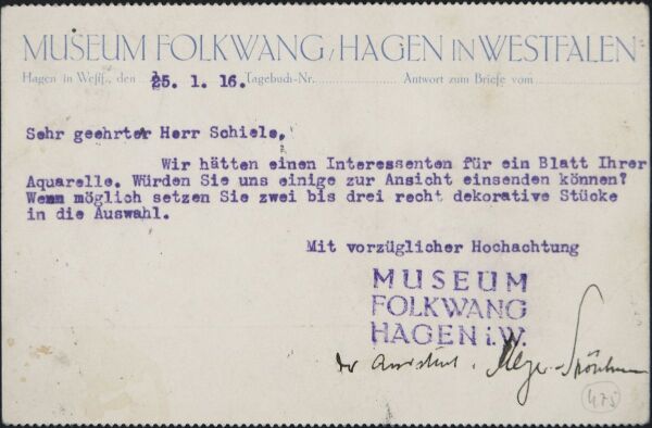 Typewritten postcard from the office of Karl Ernst Osthaus/Folkwang Museum to Egon Schiele 