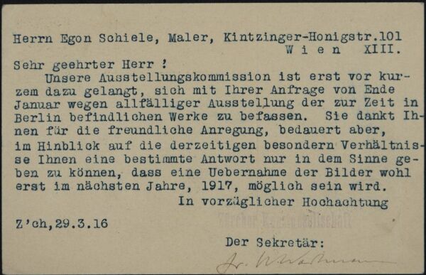 Maschinenschriftliche Postkarte von Wilhelm Wartmann/Zürcher Kunstgesellschaft an Egon Schiele 