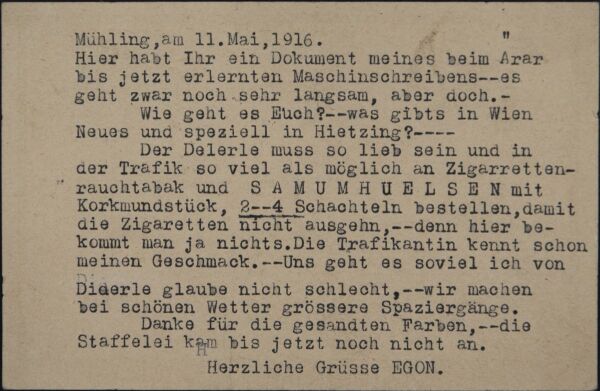 Maschinenschriftliche Postkarte von Egon Schiele an Familie Harms 