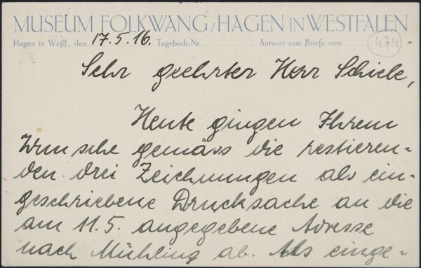 Postkarte von Karl Ernst Osthaus/Folkwang Museum, Sekretariat an Egon Schiele 