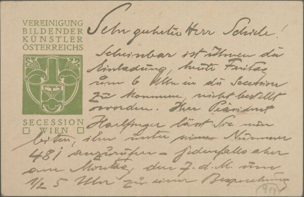 Postkarte von Rudolf Lechner/Wiener Secession an Egon Schiele 