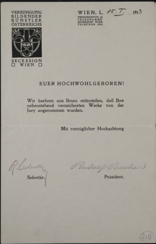 Maschinenschriftlicher Brief von Rudolf Bacher und Rudolf Lechner/Wiener Secession an Egon Schiele 