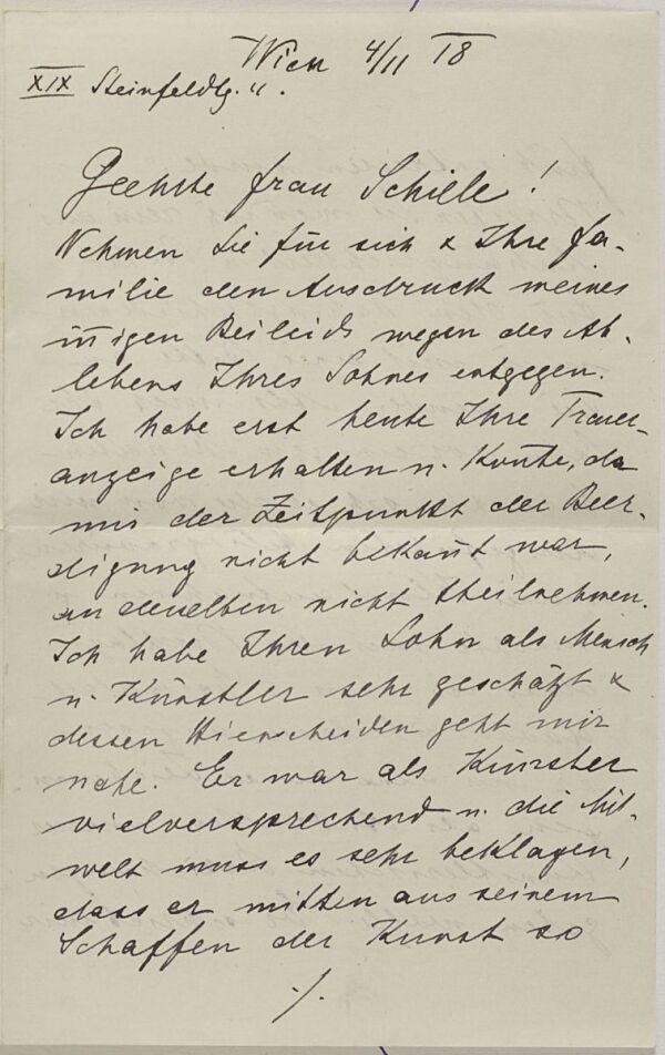 Kondolenzschreiben von Friedrich Viktor Spitzer an Marie Schiele zum Tod von Egon Schiele Bild 1