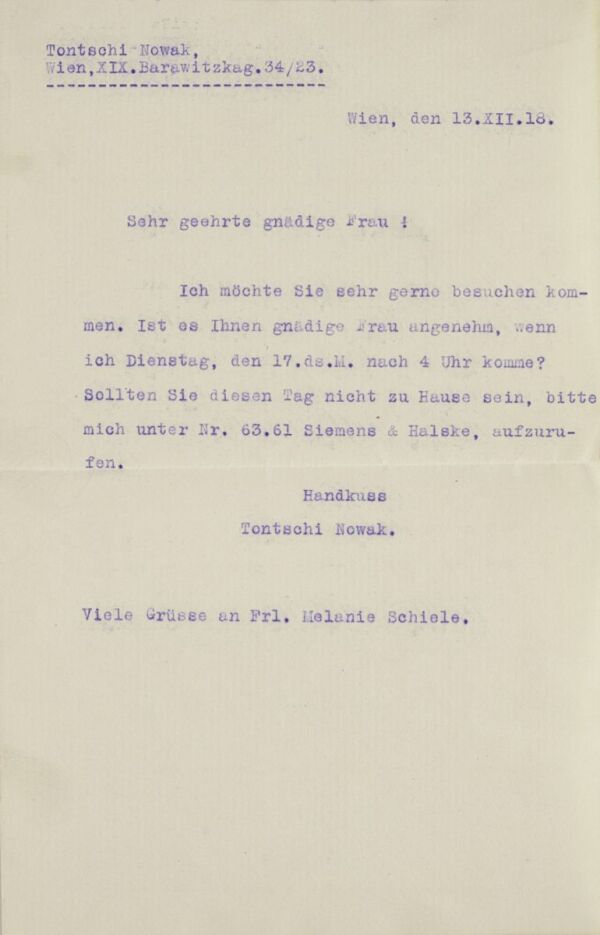 Maschinenschriftlicher Brief von Tontschi Nowak an Marie Schiele Bild 1