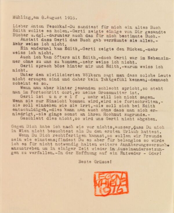 Maschinenschriftlicher Brief von Egon Schiele an Anton Peschka Bild 1