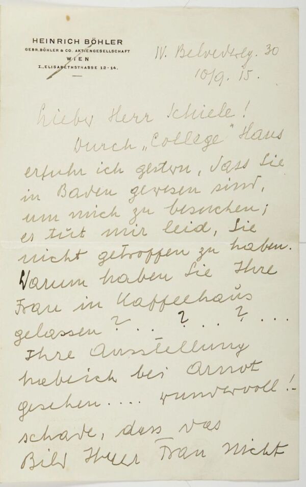 Brief von Heinrich Böhler an Egon Schiele 