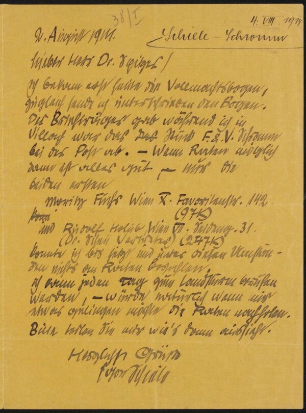 Brief von Egon Schiele an Alfred Spitzer 