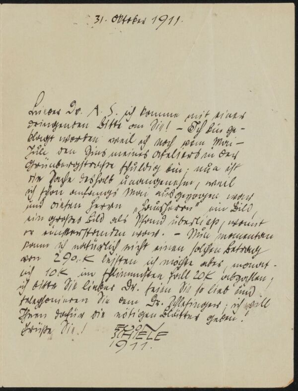 Brief von Egon Schiele an Alfred Spitzer 