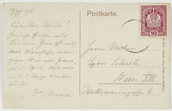 Postkarte von Heinrich Benesch an Egon Schiele Bild 2