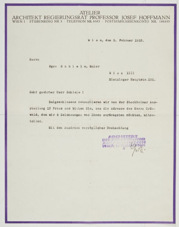 Brief von Josef Hoffmann an Egon Schiele 