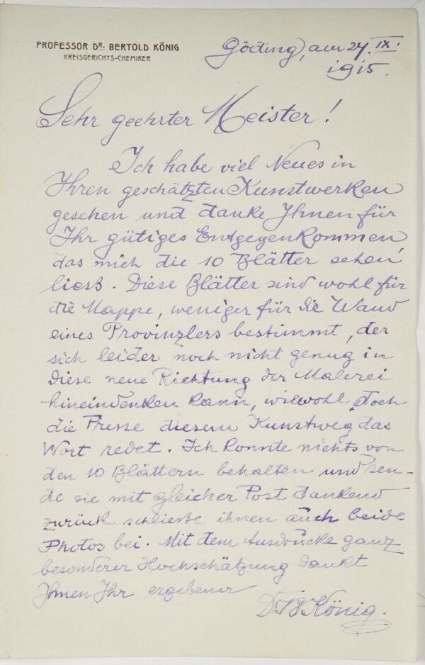 Brief von Bertold König an Egon Schiele 